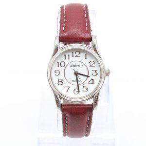 Vintage Watch It Watch Womens Silver Tone Stainless Steel Red Leather Band